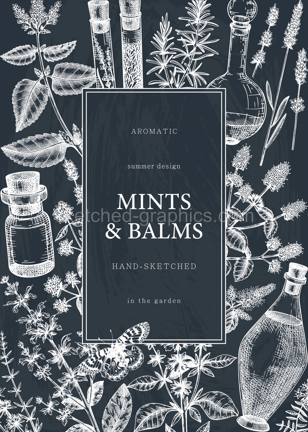Hand-drawn perfumery and cosmetics ingredients card on chalkboard. Decorative background with vintage mints and balms herbs for perfumery. Organic cosmetics design template. Aromatic plants flyer Illustration